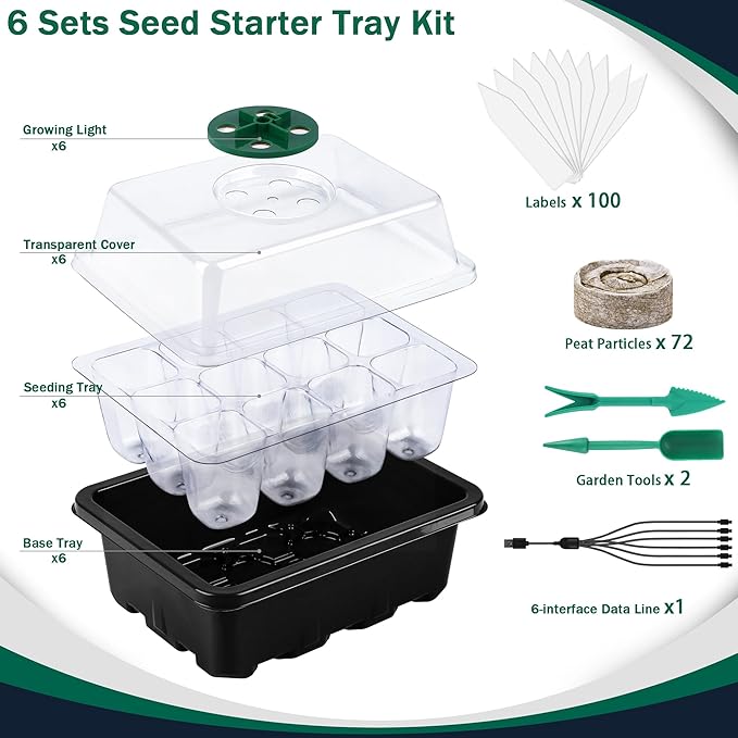 6 Pack Seed Starter Tray Kit with Grow Light and Humidity Dome Germination Trays with 72 Peat Pellets, Plant Labels, Gardening Tools, Plant Growing Trays for Seeds Growing Starting, Black - Image 2