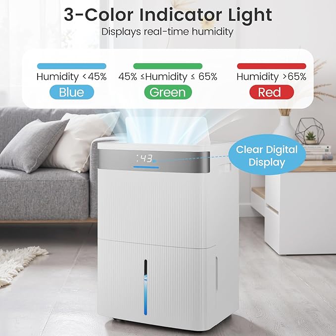 COSTWAY 5500 Sq.Ft Dehumidifier for Basement, Home Dehumidifier with Convenient Handle, 1.4 Gallon Tank, Auto Defrost, 24H Timer, 3-Color Indicator, Drain Hose & Wheels for Bathroom, Bedroom (96 pint) - Image 6