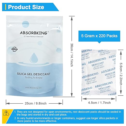 Desiccant Packs – 5 Gram 220 Packs Moisture Absorbers, Food Grade Desiccant with Color Indicating, Premium Desiccant Packs for Storage, Great for Spices, Foods, Electronics, Jewelry - Image 3