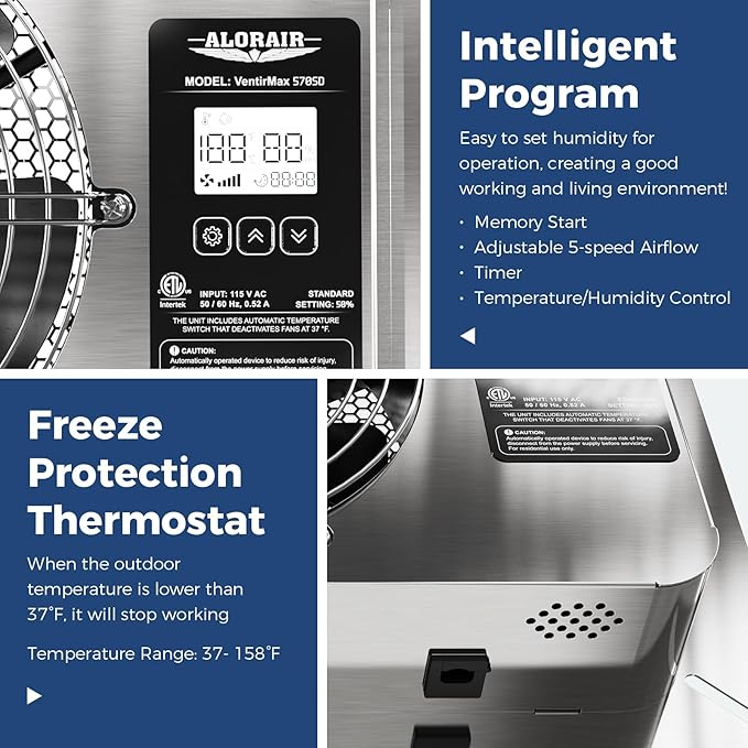 ALORAIR 570 CFM Crawl Space Ventilator Fan with Digital control, IP55 Rated Stainless Steel Exhaust Fan with Temperature Humidity Controller, Timing Cycle, Speed Control for Basement, Garage, Attic - Image 3