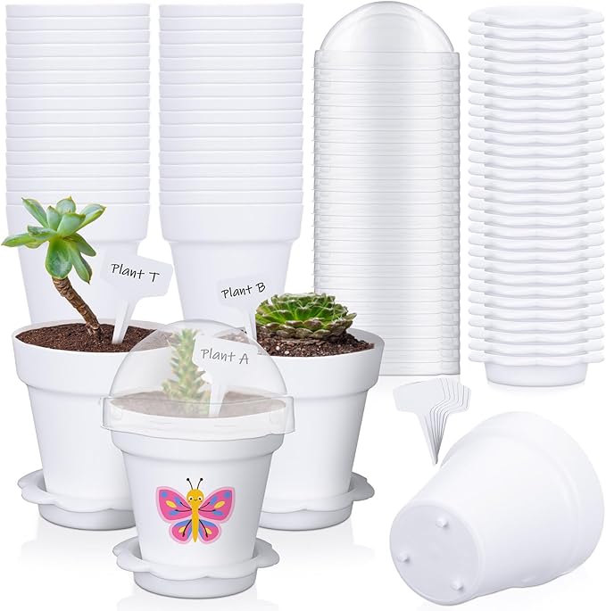 30 Pcs Plant Nursery Pots with Humidity Dome 2.95'' Small Plant Pots Plastic Gardening Container Planter Starter Seed Starting Trays for Seedlings Succulents with 30 Pcs Labels(White) by Jingmore