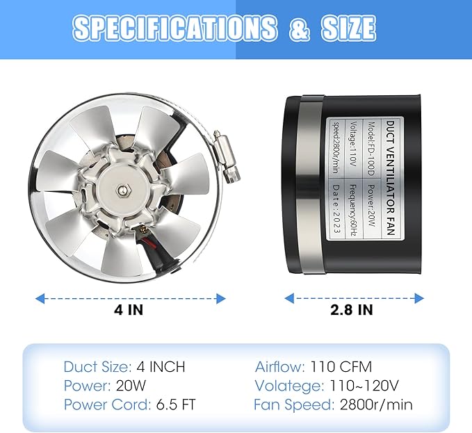 Dreyoo 2 Pack 4 Inch Inline Duct Fans with Duct Clamps, 110 CFM Ventilation Exhaust Fans HVAC Vent Blowers for Grow Tent, Mini Greenhouse, Basement, Hydroponic, Bathroom, Low Noise, Black - Image 4