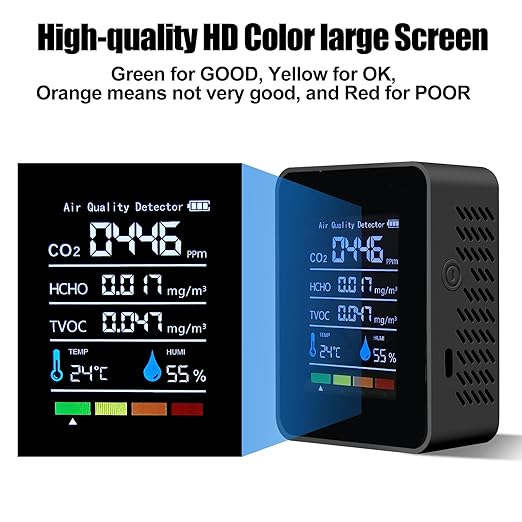 5 in 1 Indoor Air Quality Monitor, Portable Smartair Quality Tester for CO2 | TVOC | HCHO | Temp | Hum, Air Quality Test for Home, Office, School, Hotel, Car (Black) - Image 3