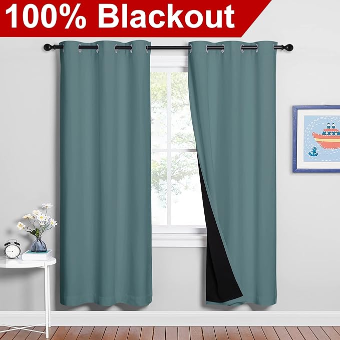 NICETOWN 100% Blackout Window Curtain Panels, Full Light Blocking Drapes with Black Liner for Nursery, 72-inch Drop Thermal Insulated Draperies (Aqua, 2 Pieces, 42-inch Wide Per Panel) - Image 2