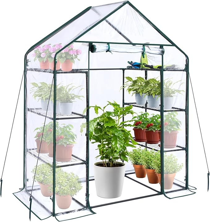 Ohuhu Small Greenhouse for Outdoors: 4 Tiers 6 Shelves Walk-in Indoor Green House Heavy Duty Plant Stands Reinforced Plastic PVC Cover Mini Portable Warm House for Outside, 4.8x2.5x6.4 FT by Ohuhu