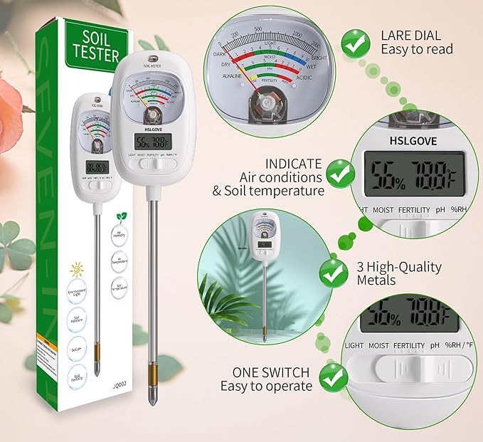 HSLGOVE Soil Test Kit, 7-in-One Soil Moisture Meter/Soil PH Meter/Fertility, Dual Screen Soil Tester w/Digital Soil Temp/Air Temp&Humidity for Plants Gardening,Lawn,Farm Indoor&Outdoor-Ice White - Image 6