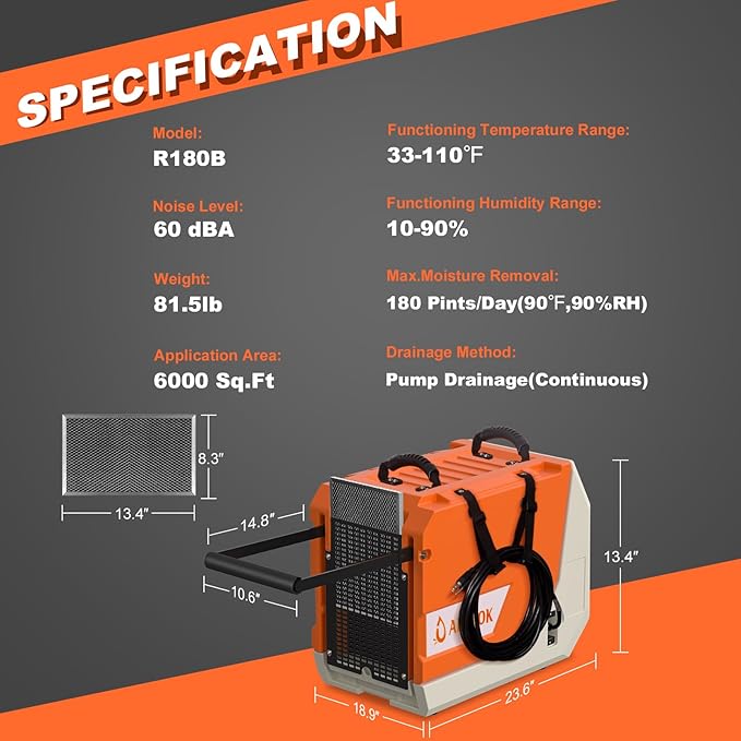 180 Pint Commercial Dehumidifier with Pump for Large Basements & Crawl Spaces, Continuous Drain Dehumidifier up to 6,000 Sq.Ft, Auto Defrost, Memory Restart, Digital Control, with Wheels - Image 5