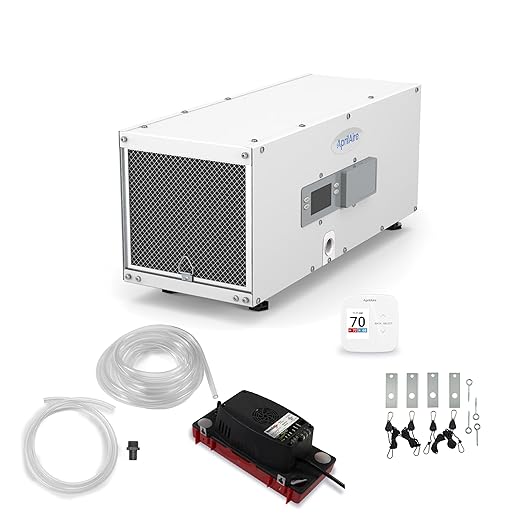 AprilAire E050PZ 50-Pint Professional-Grade, Whole-House Dehumidifier with drain hose for up to 1,600 Sq. Ft. with S86WMUPR Wi-Fi Thermostat, Drain Hose, Condensate Pump, Bracket, and Hanging Kit by AprilAire