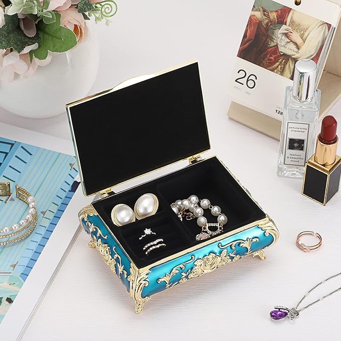 Hipiwe Metal Decorative Jewelry Box Vintage Treasure Chest Case Ornate Trinket Organizer Earrings Necklace Bracelet Storage Box Ring Holder Keepsake Box for Women - Image 3