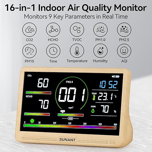 16 in 1 Indoor Air Quality Monitor, 7" Display 9 AQI +7 AQI Alerts, CO2 Monitor Tester for CO2, HCHO, TVOC, PM1.0 PM2.5 PM10 Temperature Humidity AQI & Time Air Quality Meter for Home Office - Image 2