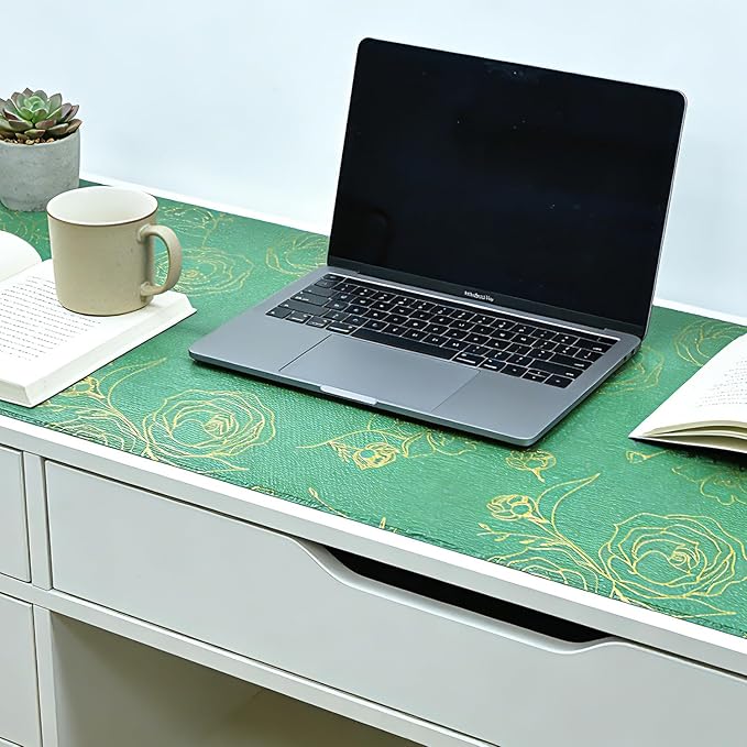 Shelf Liner for Kitchen Cabinets Drawer Liner Non-Adhesive Non-Slip Thickened Shelf Liner Paper Easy to Clean with Green Background Gold Floral Line Pattern for Tool Box Refrigerator.17.3×236.2 inches - Image 4
