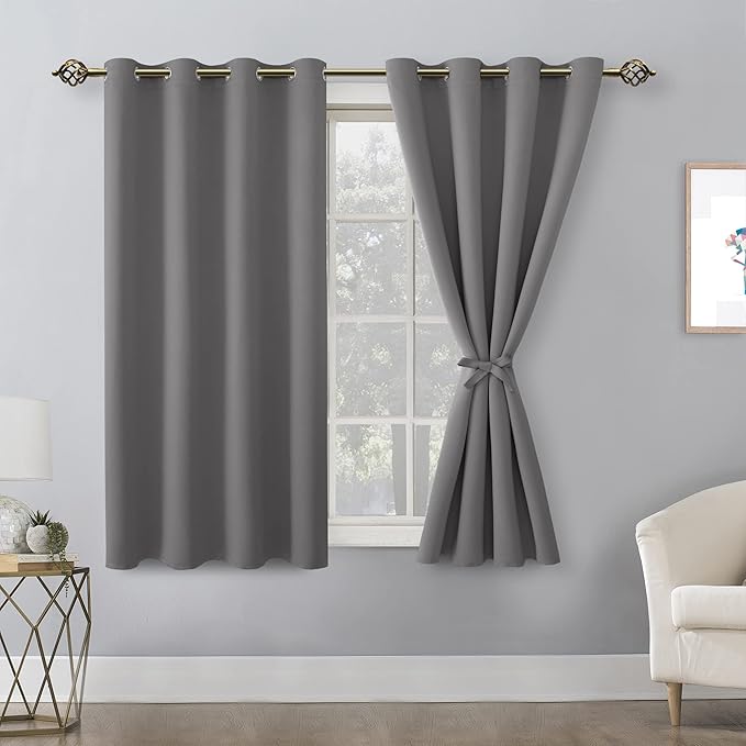 Hiasan Blackout Curtains for Bedroom, 52 x 54 Inches Long - Thermal Insulated & Light Blocking Window Curtains for Living Room, 2 Drape Panels Sewn with Tiebacks, Light Grey - Image 2