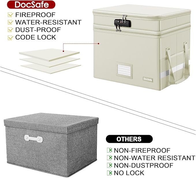 DocSafe File Box with Lock,Multi-Layer Fireproof Document Box Collapsible File Storage Organizer with Pockets/Handle,Large Portable Home Office Filing Box for Hanging Letter/Legal Size Folders,Beige - Image 7