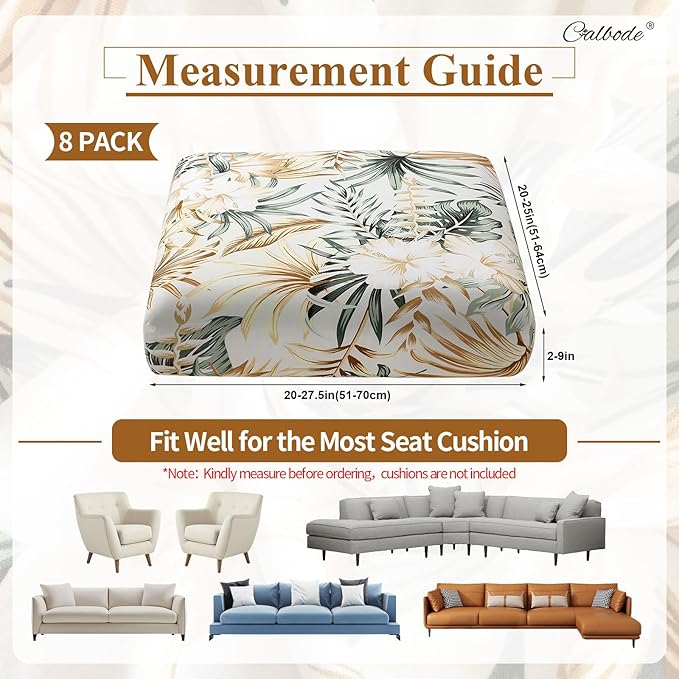 8Pcs Stretch Patio Cushion Cover, Tropical Floral and Leaf Pattern Sofa Covers for Patio Furniture Cushions Washable Reusable Couch Covers Replacement for All Season(Cover Only) - Image 2