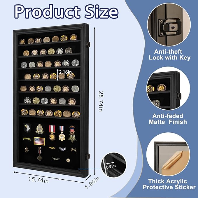 Jinchuan Military Challenge Coin Display Case Lockable Cabinet Holder Shadow Box with Removable 2 Grooves Shelves and Anti Fade Acrylic Glass for Casino Poker Chips Collectibles, Extra Large - Black - Image 2