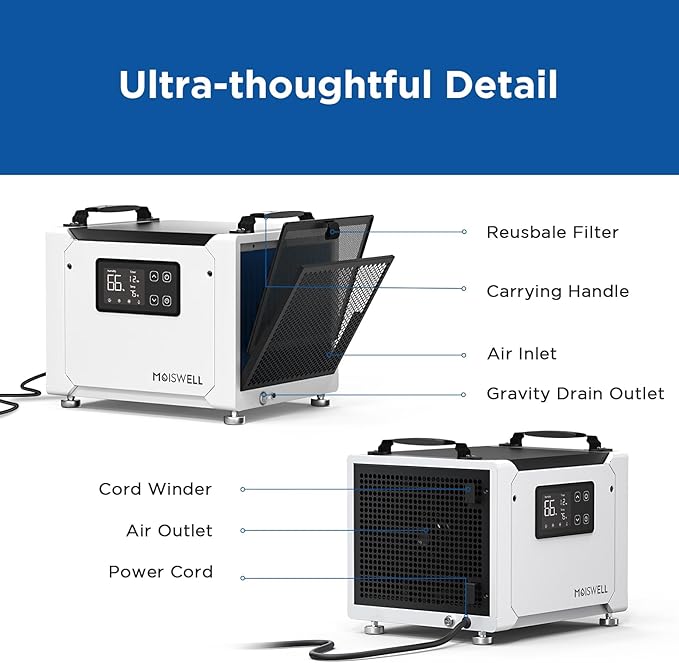 70 Pints Commercial Dehumidifier with Drain Hose, Compact Crawl Space Dehumidifiers for Basement and Home, Energy Star Certified, Automatic Defrost - Image 6