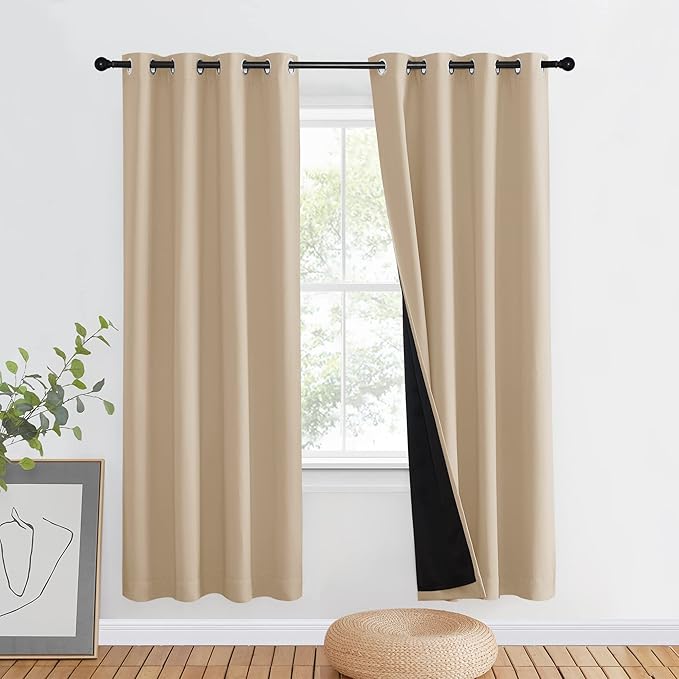 NICETOWN Living Room Completely Shaded Drapery, Privacy Protection & Noise Reducing Ring Top Drape, Black Lined Insulated Window Treatment Curtain Panel (Biscotti Beige, 1 Piece, W46 x L72) by NICETOWN