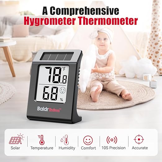 BaldrTherm Humidity Meter Hygrometer, Solar-Powered Room Thermometer Indoor Digital Temperature Sensor Monitor, 2.2''Humidity Gauge for Baby Rooms, Home, Office, 1Pack, Black - Image 6