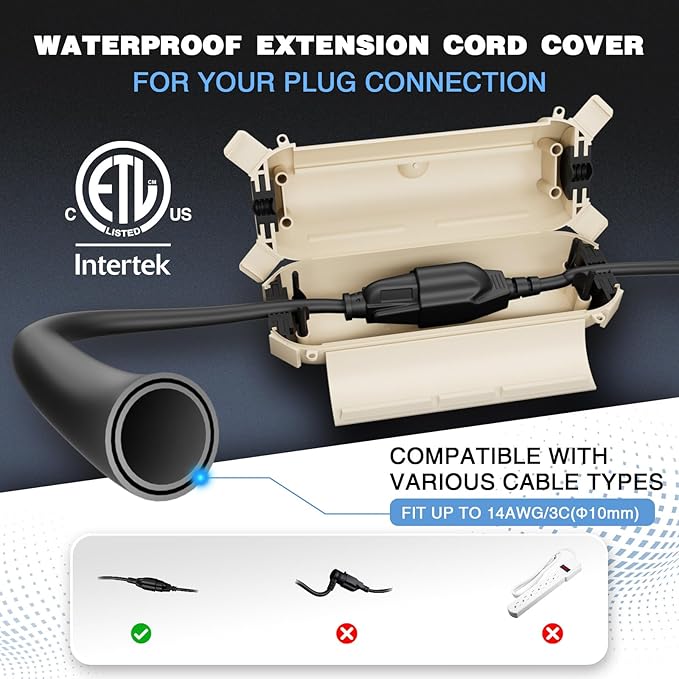 Flemoon [3 Pack] Outdoor Extension Cord Cover Waterproof, Weatherproof Electrical Connection Box for Straight Plug, Outlet, Socket, Halloween, Christmas Holiday Decoration String Light, Almond - Image 2