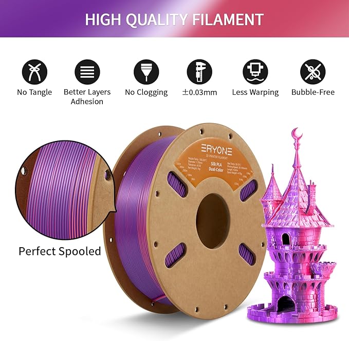 ERYONE Silk Dual Color PLA Filament 3D Printer 1.75mm +/- 0.03mm, Bicolor Filament Two Tone PLA 1KG(2.2lbs) Cardboard Spool, Orange Red&Purple - Image 5