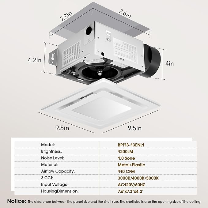 FEITON Bathroom Exhaust Fan with Light (3000K/4000K/5000K), Ceiling Mount, 110 CFM 1.0 Sones, Quiet Square Bath Fan Light Combo(Metal housing, 4 Inch Duct, Ceiling Opening Size: 7.6 x 7.3 Inches) - Image 6