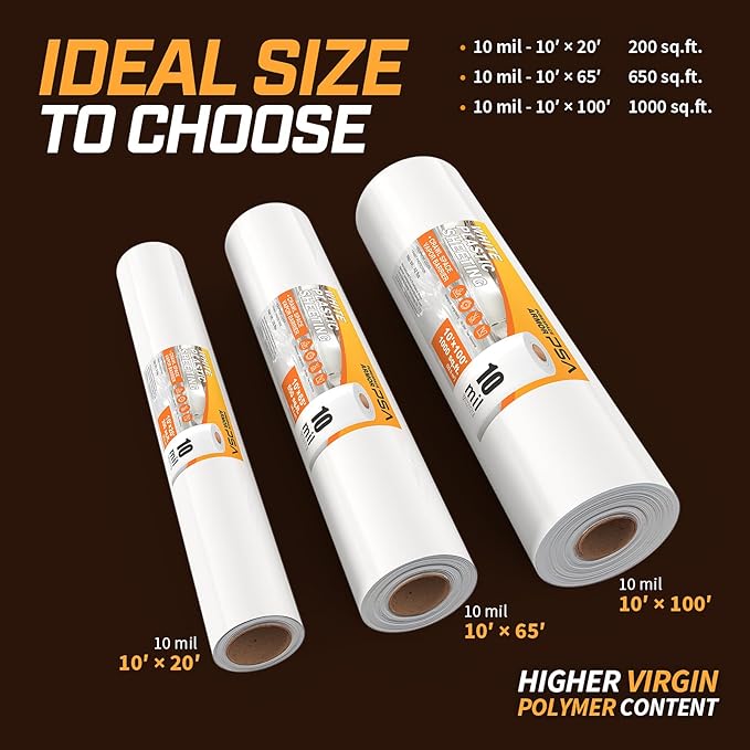 Crawl Space Vapor Barrier, 10mil Film, 10'x100', White Plastic Sheeting - Thick Plastic Sheeting, Heavy Duty Polyethylene Film, Drop Cloth Vapor Barrier Covering for Crawl Space, Garden, Basement - Image 5