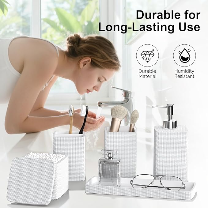 White Bathroom Accessories Set 5 Pieces, Resin Toothbrush Holders Set Complete with Soap Dispenser, Toothbrush Holder, Vanity Tray, Bathroom Tumbler and Qtip Holder for Small Spaces - Image 3