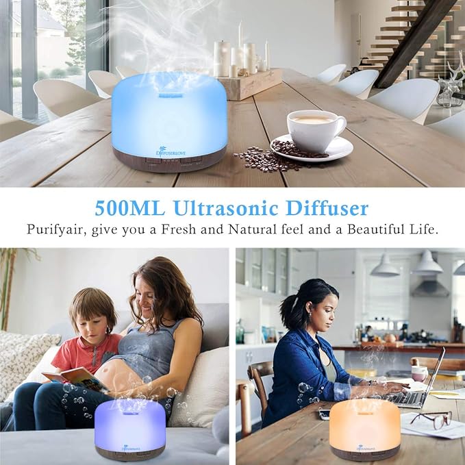Diffuserlove Essential Oil Diffuser 500ML Aromatherapy Diffuser Mist Humidifiers 7 Color LED Lights Diffusers for Home Office Bedroom (Size:6.7" L x 6.7" W x 4.7" H) - Image 3