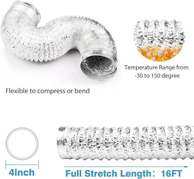 YIJUHOU 4 Inch 16FT Dryer Vent Hose, Flexible Aluminum air ducting for Clothes Dryer, Grow Tent, Include 2 Clamps - Image 2