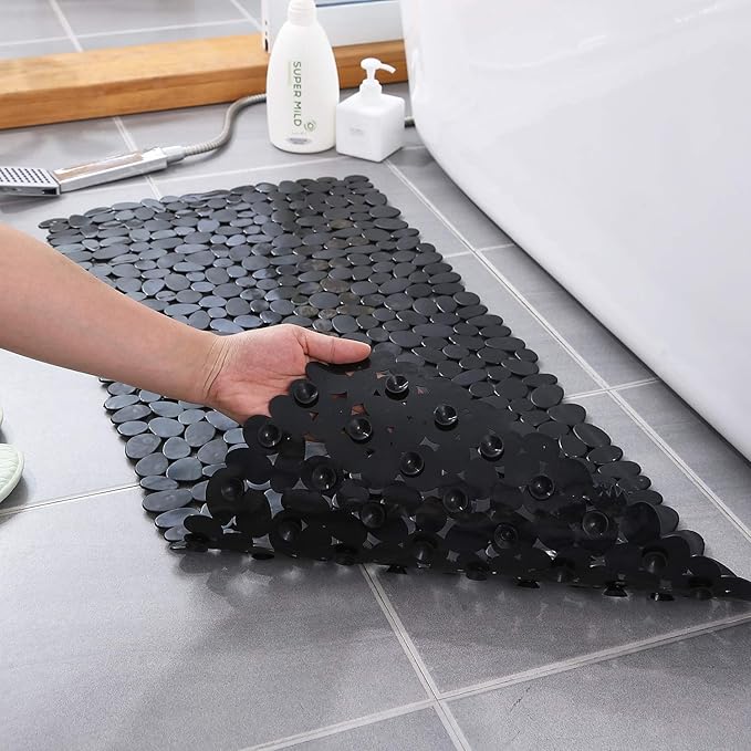WELTRXE Non Slip Bathtub Mat 35 x 16 Inches Pebbles Shower Mats with Suction Cups, Drain Holes for Bathroom Showers, Tub, Machine Washable Bathroom Mats BPA, Latex Free Safe Tub Mats - Black - Image 8