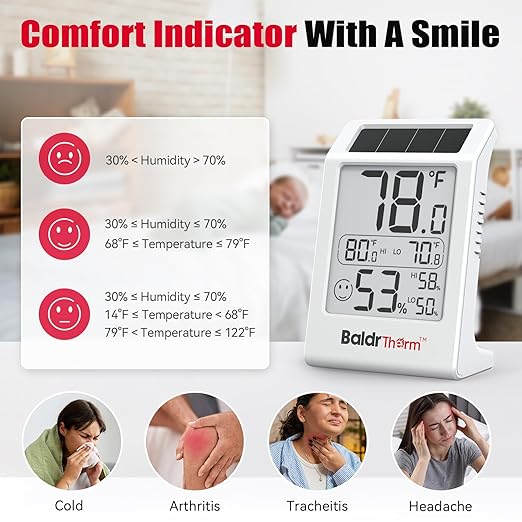 BaldrTherm Room Thermometer Indoor Humidity Meter, Solar-Powered 3.2'' Digital Temperature Sensor Monitor with Max/Min Reading, Comfort Indicator for Baby Room, Home, Office, White, 3Pack - Image 6