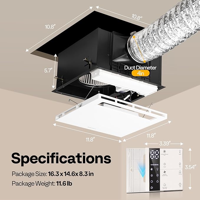 VIVOHOME Bathroom Exhaust Fan with 1800W PTC Heater, Humidity Sensor & LED Light, Ceiling Mount Ventilation Fan, 160 CFM DC Motor, 3 Color Temperatures, Remote Control, Oscillating Louver - Image 7