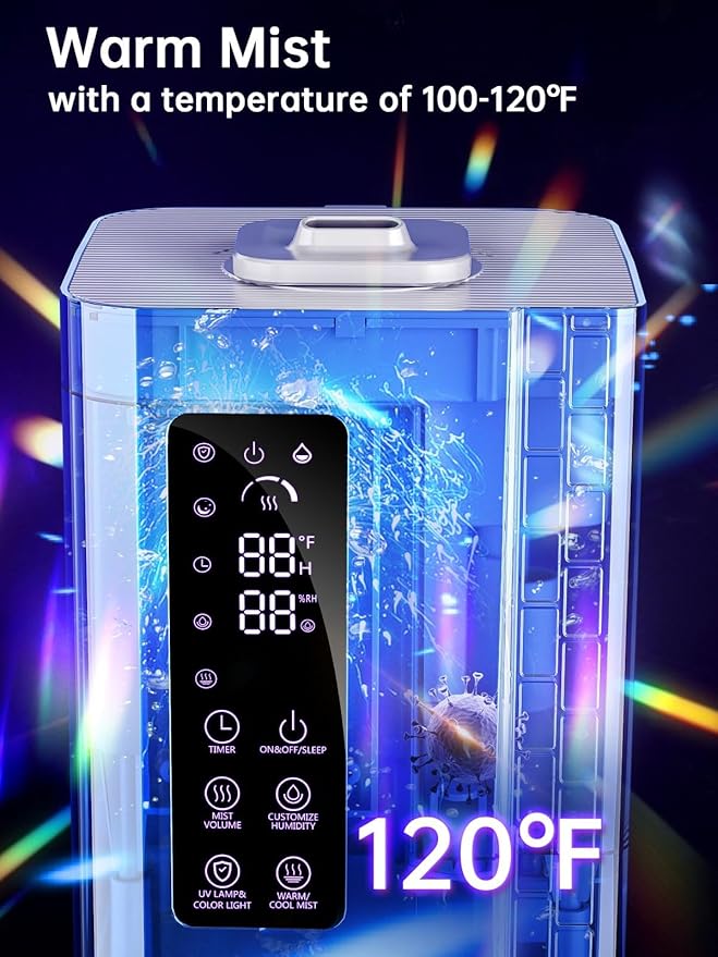Humidifier with Warm & Cool Mist - 2.64Gal Top Fill, 500 sq ft Coverage, 60H Runtime, Remote, Humidity Control, Aroma Tray & Mood Light (Yellow/Blue) - Image 2