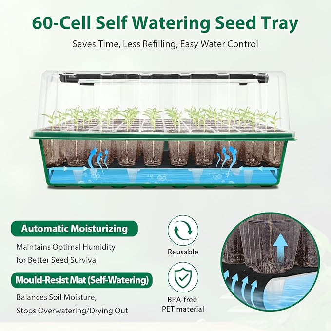 Seed Starter Tray, 60-Cell Self-Watering Seed Starter Kit with Grow Light and 4.07” Humidity Dome, Indoor Plant Starter Trays for Seed Germination & Gardening Supplies - Image 2