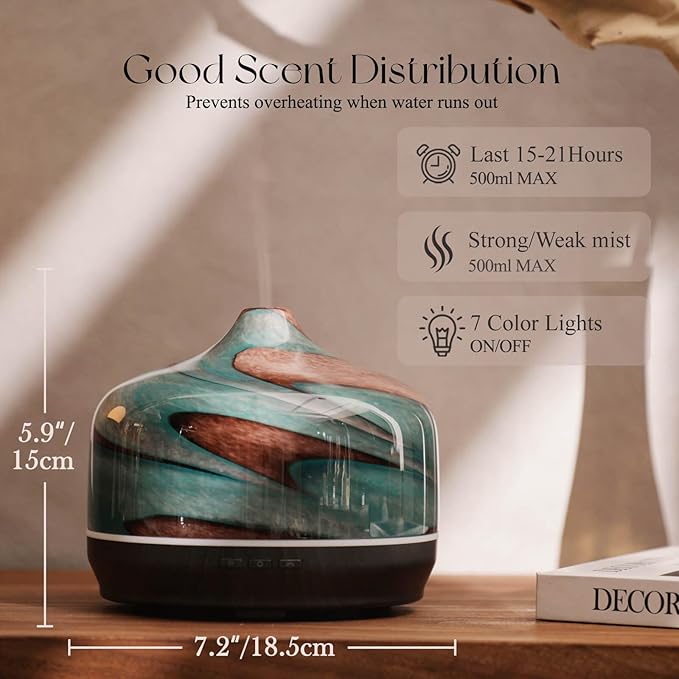 Porseme 500ml Glass Essential Oil Diffuser Aromatherapy Ultrasonic Cool Mist Humidifier 15-21 Running Hours Waterless Auto-Off Air Diffusers for Sleeping Yoga Office Working Spa and Rest (Teal Green) - Image 3