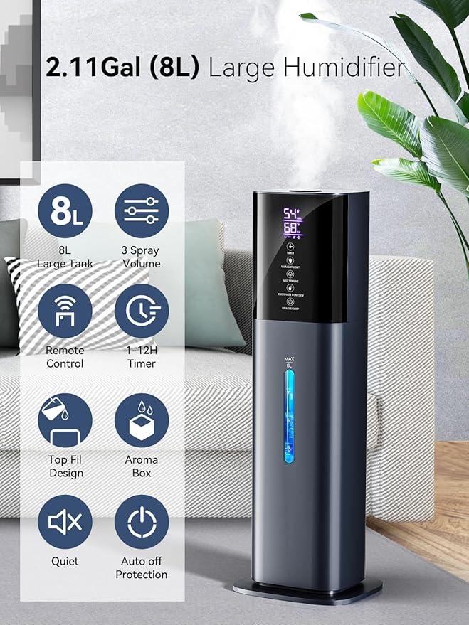 Humidifiers for Bedroom, 2.11Gal 8L Quiet Humidifiers for Large Room with Timer, 360°Nozzle, 3 Speed Ultrasonic Cool Mist Humidifier with Humidistat for Baby, Customize humidity for Home Adults Plants - Image 2