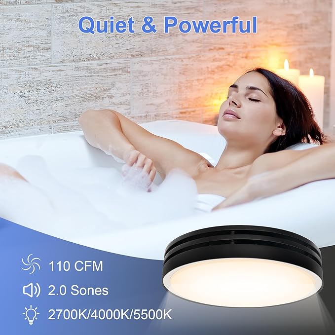 Akicon Bathroom Exhaust Fan with Light, 110CFM, 2.0 Sones for Ceiling, 1000lm Dimmable LED Light and 150lm Nightlight Dual Color Bathroom Vent Fan for Home, Round, Black - Image 9