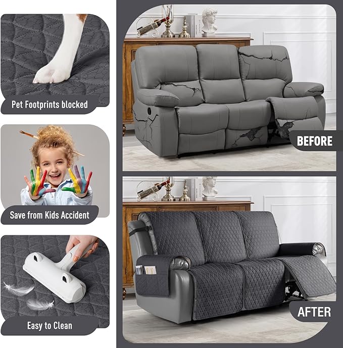 TAOCOCO 100% Waterproof Recliner Cover, Non-Slip Washable Reclining Couch Cover with Elastic Leg Straps, Furniture Protector for Dogs (Black Gray, 3 Seater) - Image 2