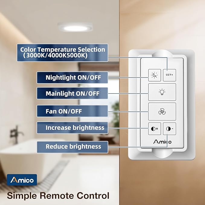 Amico Bathroom Exhaust Fan with Light, 80 CFM 1.0 Sones, Ceiling Mounted Retrofit Ventilation Fan with 1400LM 18W LED Light, 3000K/4000K/5000K Selectable & Nightlight, Remote, FCC Certified - Image 8
