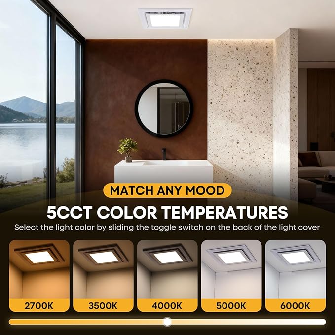 Bathroom Exhaust Fan with Light 10" Ultra Quiet 1.0 Sones,1000LM, 5CCT, Exhaust Fan Mounting Opening 8"x8" in 110CFM Bathroom Fan with Light Ceiling Mount for Home, Bath, Office - Image 3