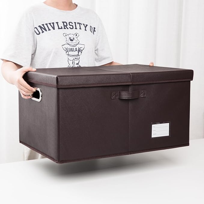 PRANDOM Collapsible Storage Box with Lid [3-Pack] Leather Fabric Foldable Storage Bin Organizer Container Basket Cube with Cover for Home Bedroom Closet Office Nursery Brown(22.8X15.7X11.8) - Image 6