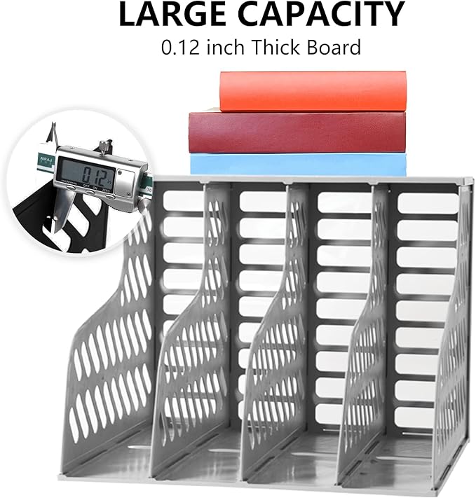SAYEEC Magazine File Holder, Plastic Desktop File Folder Organizer with 4 Large Compartments, Vertical Desk Binder Organizer Office Organization and Storage File Holder for Desk, School, Home (Grey) - Image 3