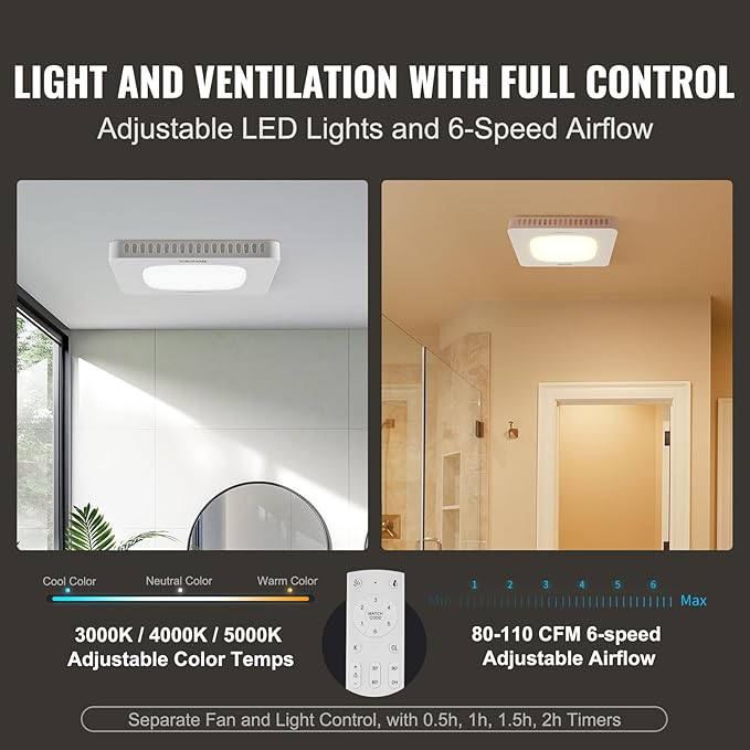VEVOR Bathroom Exhaust Fan, 110 CFM High-Efficiency Ventilation, Remote Control, 1.5sones Low Noise Bathroom Ceiling Fan with LED Light 3000/4000/5000K, Energy-Saving, Timer - Image 6