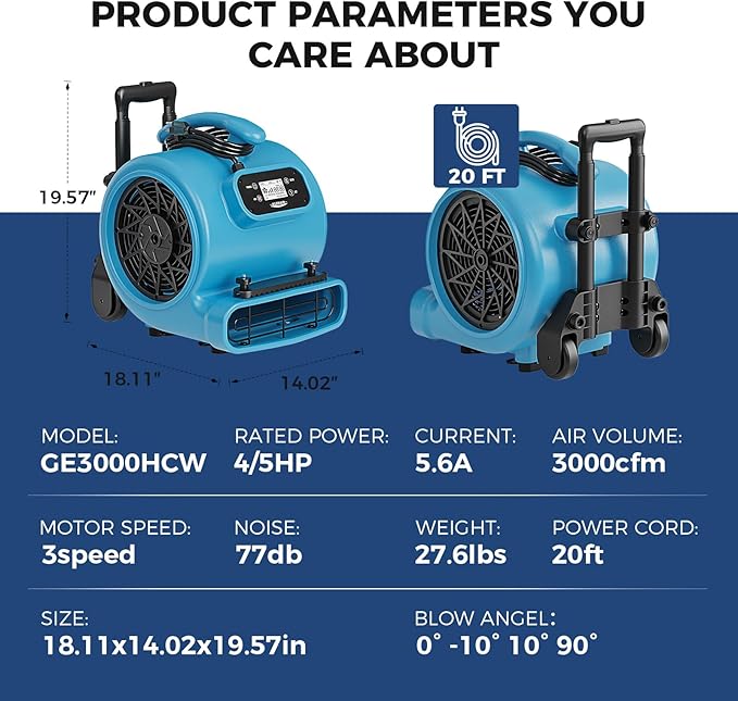 ALORAIR 3000 CFM Air Mover Blower Fan, 3-Speed Floor Drying Fan with 4 Blowing Angles，18 Timer，Display Screen，Handle Wheelkit，Carpet Buckles，Ideal for Water Damage Restoration and Plumbing - GE3000HCW - Image 8