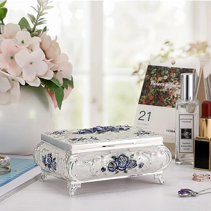 Hipiwe Metal Decorative Jewelry Box Vintage Treasure Chest Case Ornate Trinket Organizer Earrings Necklace Bracelet Storage Box Ring Holder Keepsake Box for Women - Image 4
