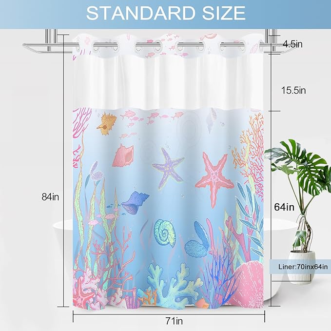 Extra Long No Hook Shower Curtain with Snap in Liner, Beach Ocean Nautical Coastal Shower Curtains and Liner Set for Bathroom, Seashell Bath Curtain, Waterproof Washable, Blue Pink 71"x84" - Image 7