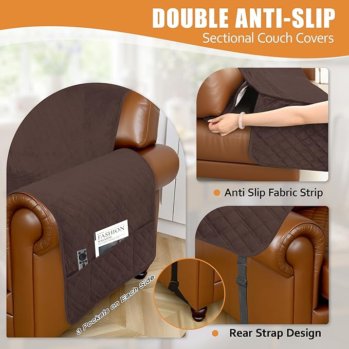 Arfntevss Waterproof Sectional Couch Covers L Shape Washable Velvet Sofa Cover for Sectional Non Slip U Shaped Corner Sofa Slipcover Sets Dog 6 Pcs Universal Furniture Protector (Dark Brown, Small) - Image 4