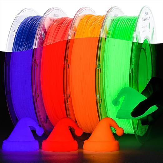AMOLEN 95A TPU Glow in The Dark Filament Bundle, Red, Orange, Blue Purple, Green 1.75mm Soft Flexible TPU 3D Printer Filament, Best with UV Lamp, 200g x 4 Pack, Luminous Filament for Halloween by AMOLEN