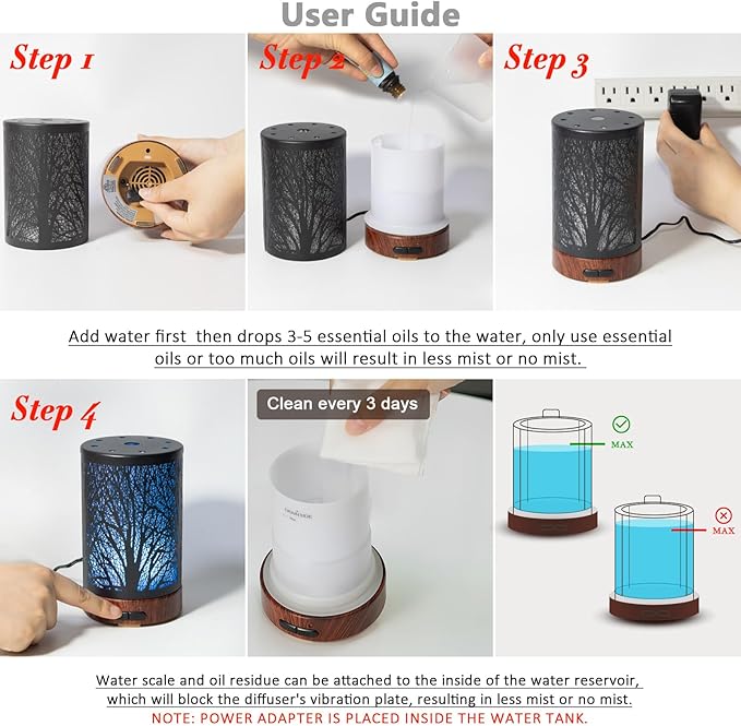 EQUSUPRO Essential Oil Diffuser 150ml Black Metal Aromatherapy Oil Diffuser Ultrasonic Cool Mist Diffuser with Auto Shut-Off Protection,7 Colors Changed LED for Home Office SPA Yoga (A-Tree) - Image 7