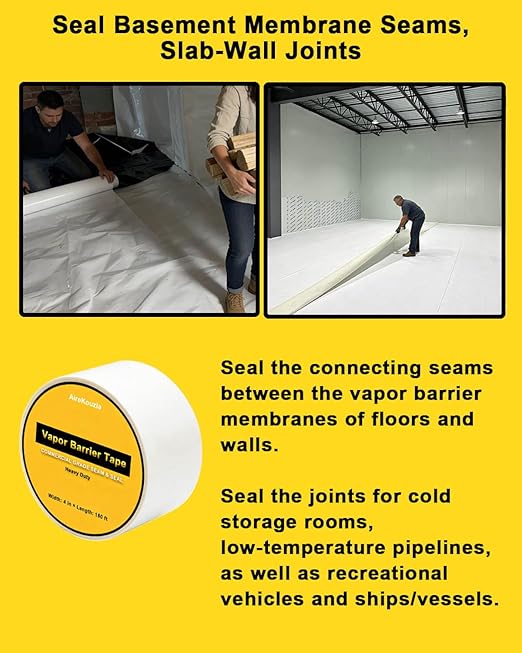 Crawl Space Vapor Barrier Tape - 4 inch x 180Ft Roll Strength Seal for Polyethylene Moisture Barriers & Insulation Tape, White Seam Tape - Image 5